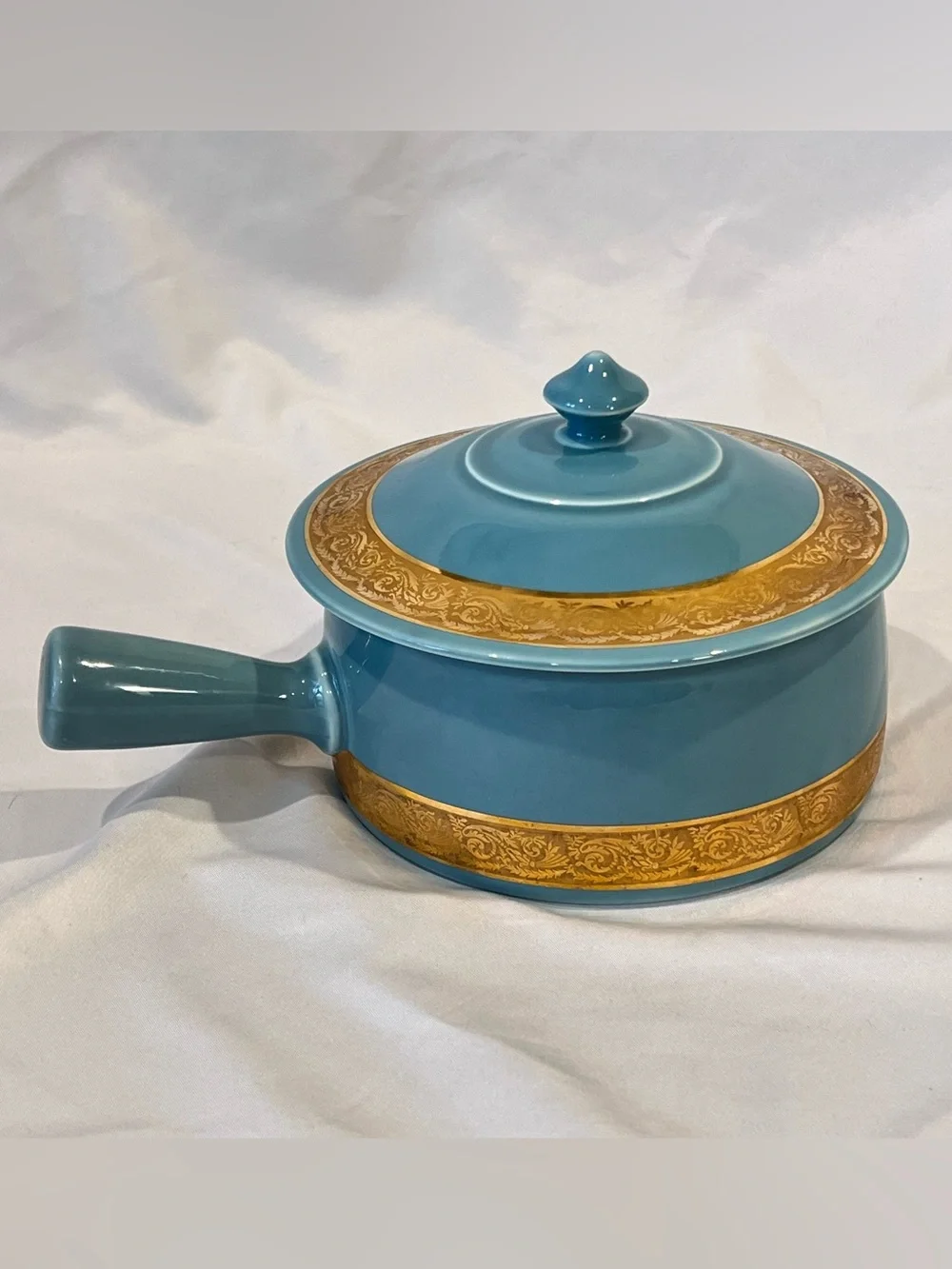 Vintage French Porcelain Covered Saucepan Blue Gold Made France